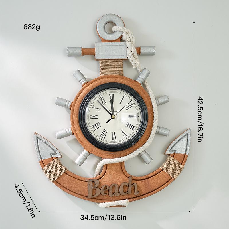 Vintage Mediterranean Ship Wheel Wall Clock - Distressed Wooden Decor for Living Room or Bar