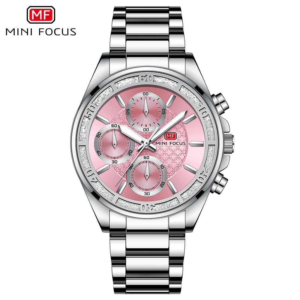 MINIFOCUS Роскошные кварцевые часы для женщин Водонепроницаемые Светящиеся Хронограф Стальной ремешок Наручные часы Элегантные женские часы серебряный/розовый