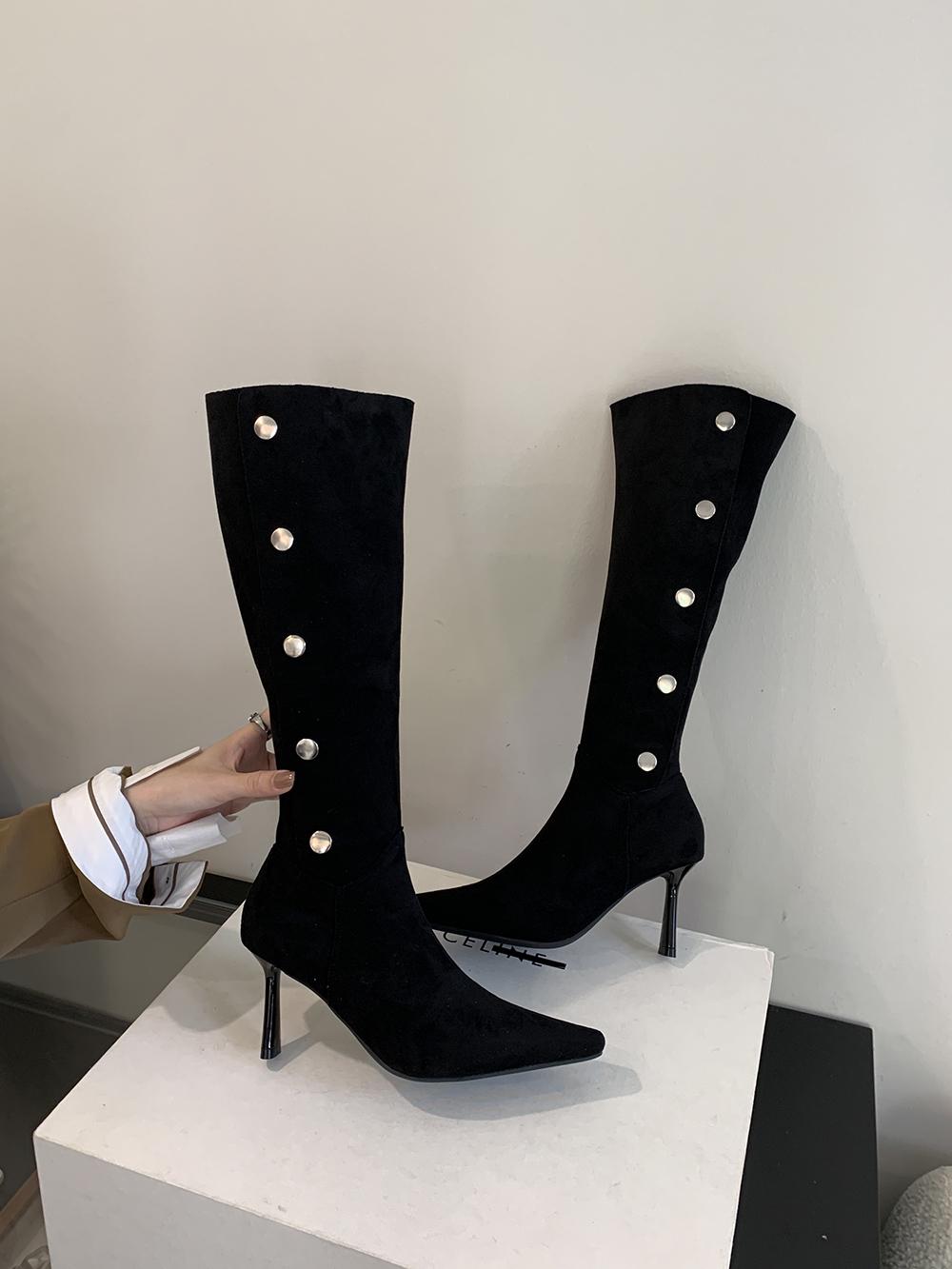 

fashion Pointed Toe Women Knee High Boots Black Beige Brown 2024 New Arrivals Side Zipper Belt Buckle Winter Autumn Fashion Women Knight 245 чорний