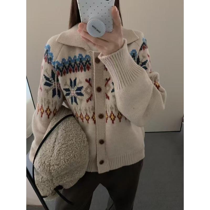 

Retro knitted top women s new winter heavy industry jacquard cardigan warm design sweater jacket one size fits all