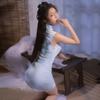 China Dress Cosplay Sexy Blue Open Chest Extreme Etch Qipao Lingerie Apron Dress Halloween Costume Cute Stockings Included [YUEEI] See-Through Women's