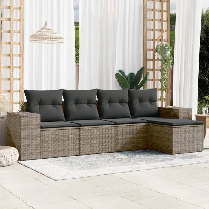 VidaXL Salon de Jardin avec Coussins 5 pcs, Canapés de Terrasse, Ensemble de Meubles de Patio, Mobilier d'Extérieur, Gris 3222489