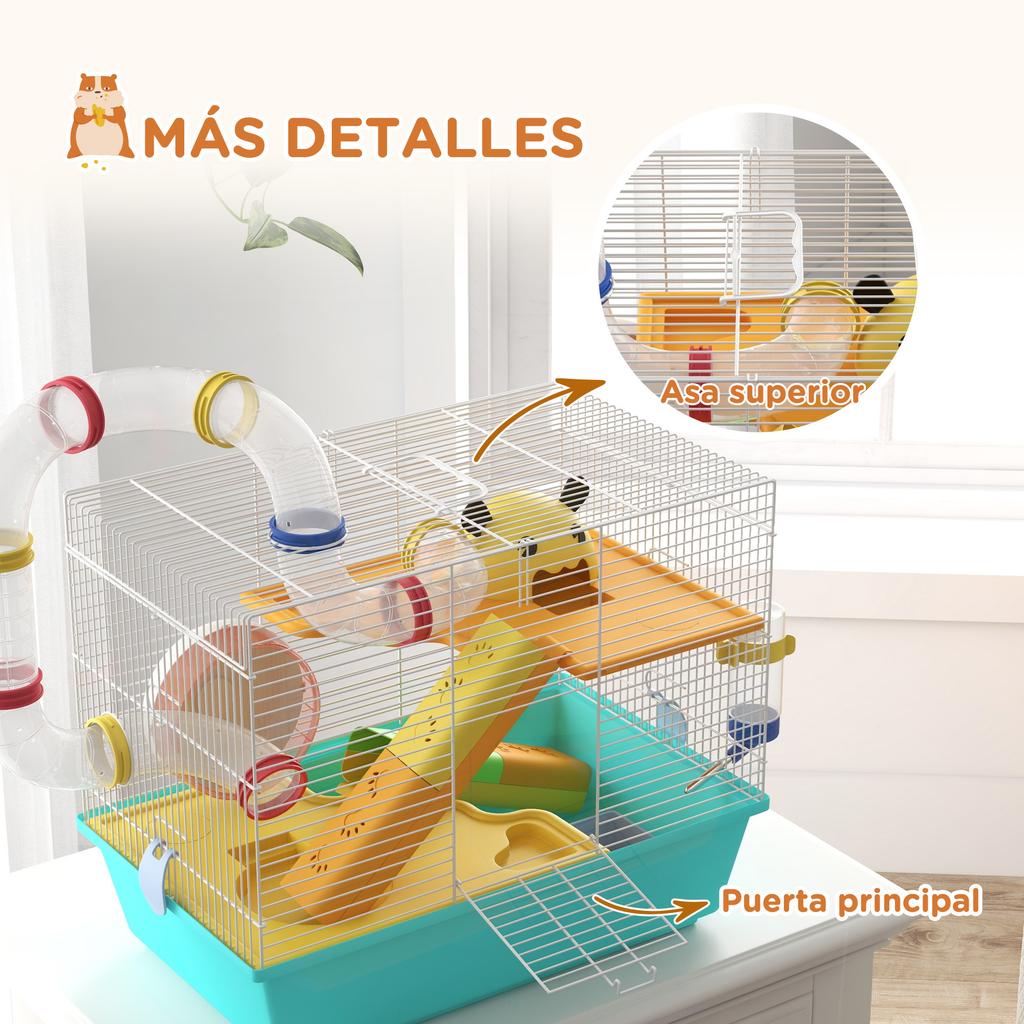 Hamster Cage with Tunnel, Platforms, Bowl, Water Bottle, House, Ramps and Exercise Wheel, 45x28x37 Cm, Light Blue