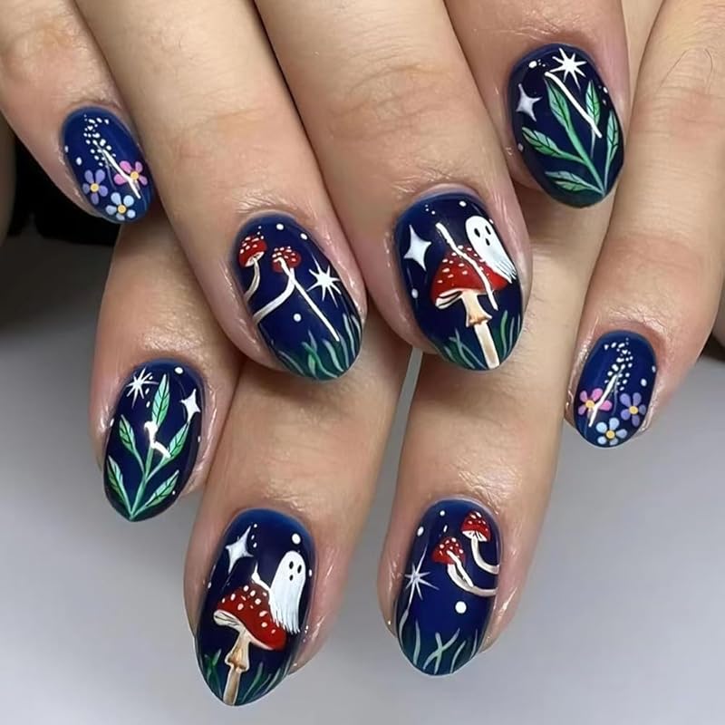 ONPRESS 24Pcs Halloween Press on Nails Short Almond Fake Nails with Ghost Face Spooky Bat Spider Web Design False Nails Orange Pink French Tip Glue