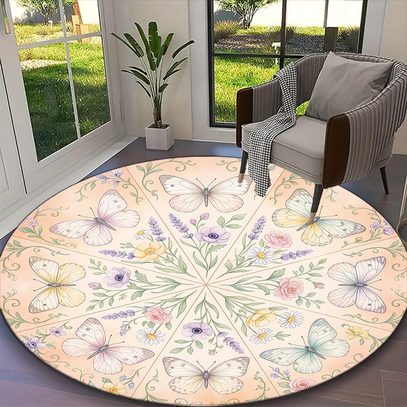 Deep Green Butterflies Carpet, Non-slip Office Chair Rug, Digital Print Home Round Rug, Unique Festival Decorations