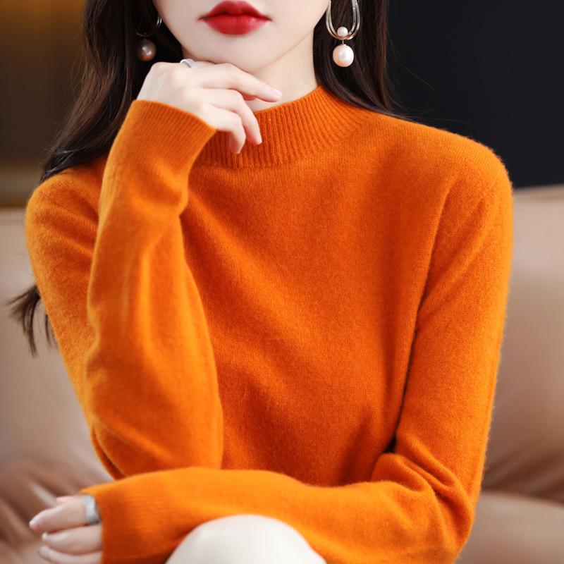 Women's Pure Wool Ribbed Sweater - Autumn/Winter Loose Fit Semi-High Neck Pullover