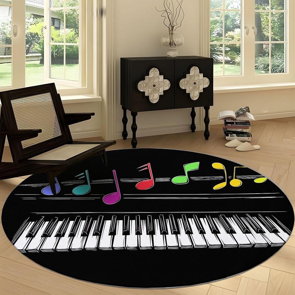 Music Color Piano Key Notes Print Round Area Rug,Cartoon Style Washable Circular Carpet Runner - Non Slip Circle Rug Carpet Mat