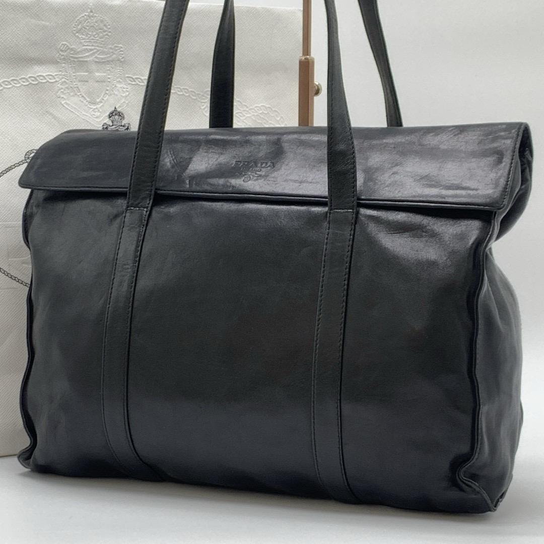 

PRADA Handbag Shoulder Bag Shoulder Strap Tote Bag Nappa Leather Black Silver Hardware Logo Embossed Flap White Tag
