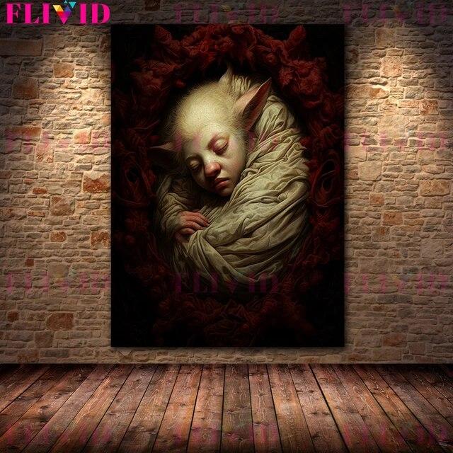 

Таинственные существа в пеленках, винтажная настенная живопись на холсте, сирена, ребенок, свинья, эльф, детский художественный постер и принт, декор без рамки 21*30cm