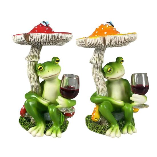 Cartoon Mushroom Sitting Frog Statue Holding Wine Glass Drinking Frog Figurine Resin Animal Sculpture Indoor Outdoor Garden Yarn Decoration Ornament