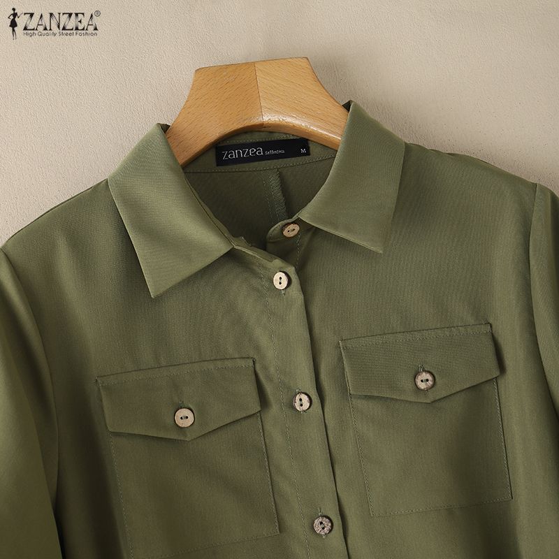 ZANZEA Women Casual Turn Down Collar Solid Color Short Sleeve Dress