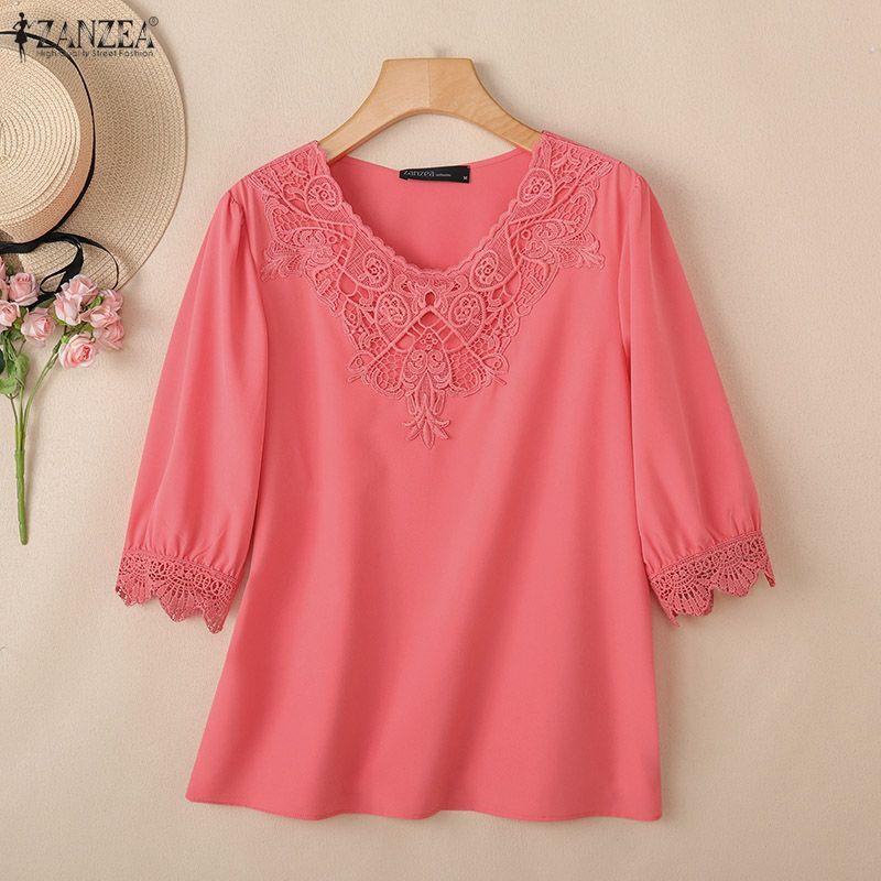 ZANZEA Blusa Casual de Encaje Crochet con Escote en V y Manga Media para Mujer