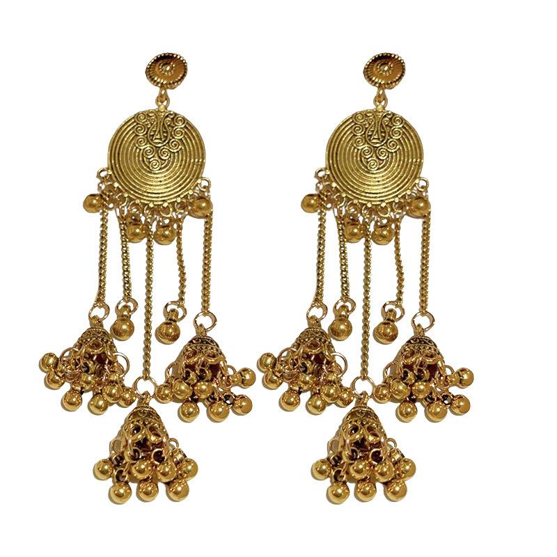 Ethnic Style Round Wind Chime Tassel Earrings High-end Metallic Temperament Earrings for Women
