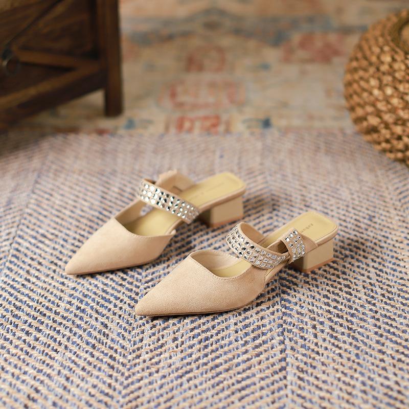 Versiunea coreeană a sandalelor cu toc joasă și vârf ascuțit Curea pentru femei cu paiete, cu un singur cuvânt, cu toc gros, pantofi pentru femei single, Baotou Spate, pantofi pentru femei goale