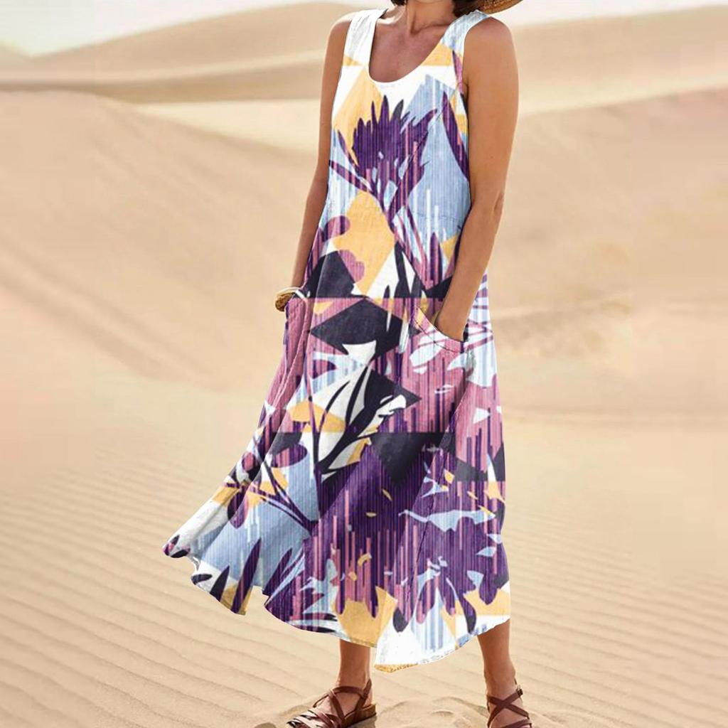 Women's Summer Casual Fashion Easter Printed Sleeveless Round Neck Pocket Dress