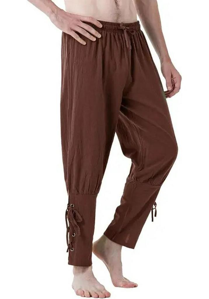 Pantaloni da Uomo in Puro Cotone Rinascimentali con Cinturino alla Caviglia - Costume da Pirata Vichingo Medievale