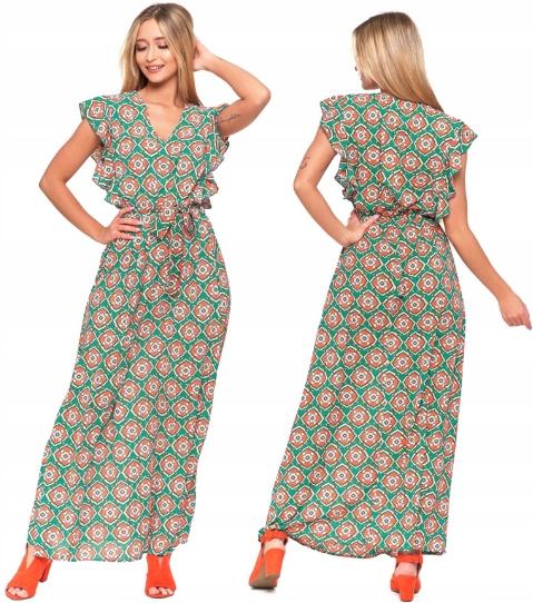 FASHIONABLE WOMEN'S LONG EVERYDAY SUMMER DRESS BUTTERFLY SLEEVE MORAJ PATTERN XL Green