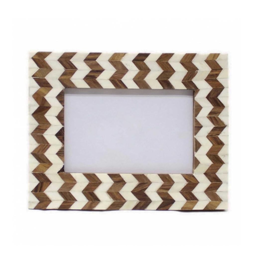 Bone Inlay Picture Frame | Brown White Zigzag Pattern | Wooden Table Photo Frame