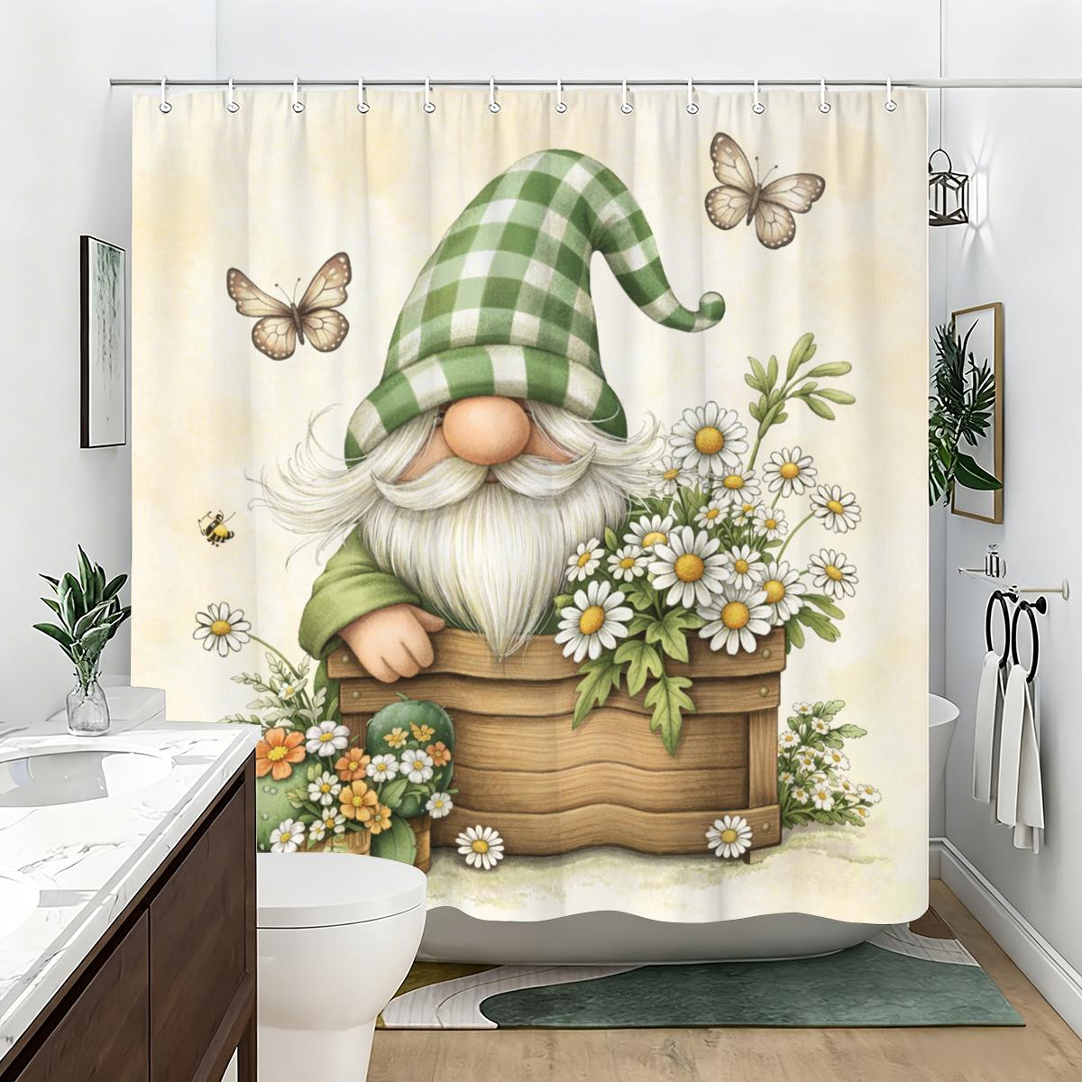

Cute Gnome & Floral Pattern Polyester Shower Curtain - Adorable Bathroom Decor With Butterfly Elements W60H190(CM)-1 Pcs
