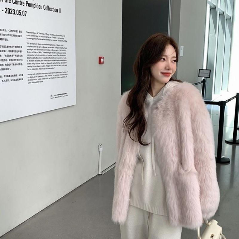 

Женское зимнее новое молодежное короткое пальто из искусственного лисьего меха, модное хлопковое утолщенное S 80-47.5 kg розовый