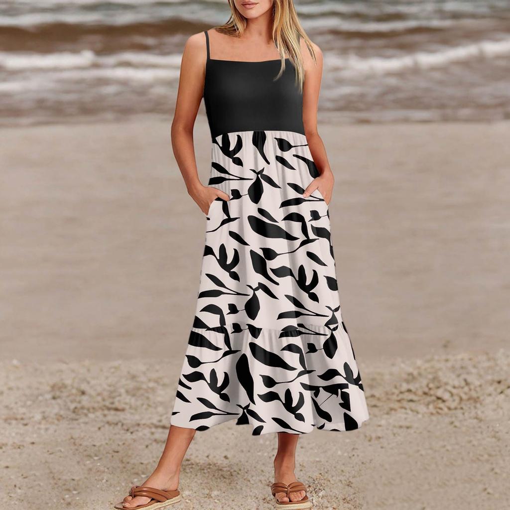 Women's Summer Spaghetti Strap Patchwork Beach Vacation Floral With Pocket Dresses