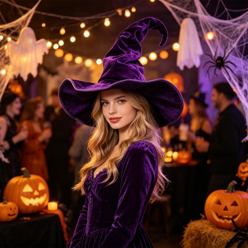 Costume Witch Hat for Halloween Event, Soft Fabric Wide Brims Dressing-Up Hat with Twist Crowns for Themed Performances