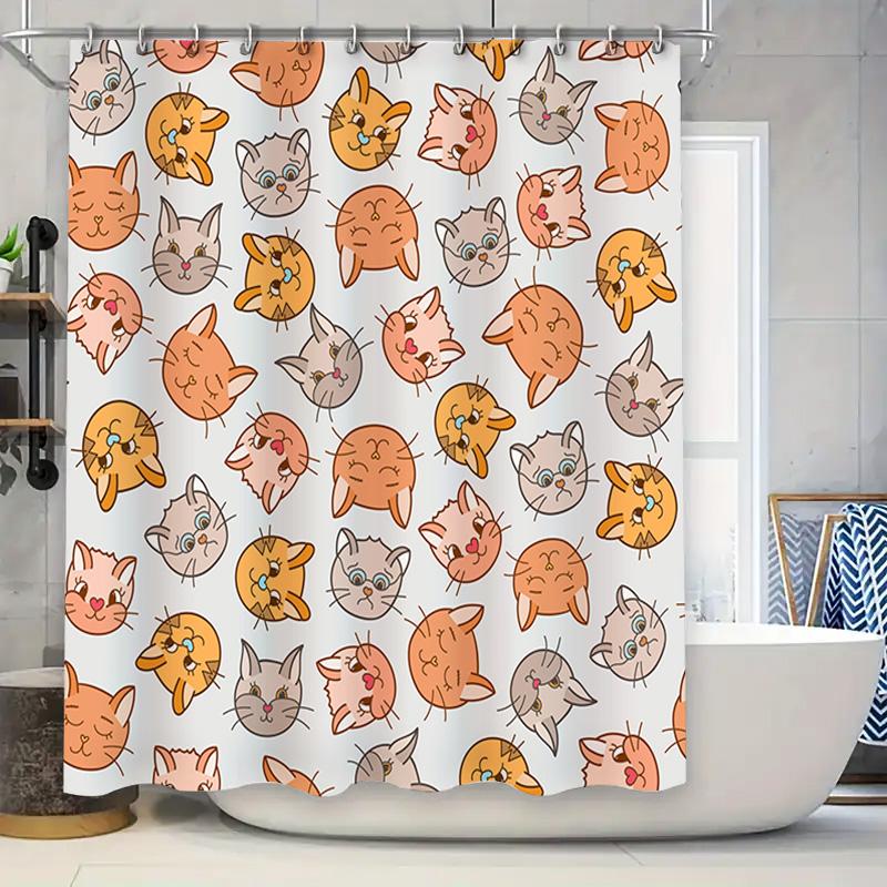 Adorable Cartoon Cat Shower Curtain White Bath Decor with Multicolored Cats for Bathroom Cute Home Decoration Accessories Perfec