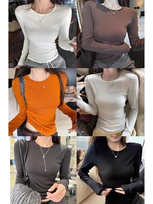 Superniniyy Brushed Long-Sleeve Slim Fit Tee – Stretchy Round Neck Base Layer Top