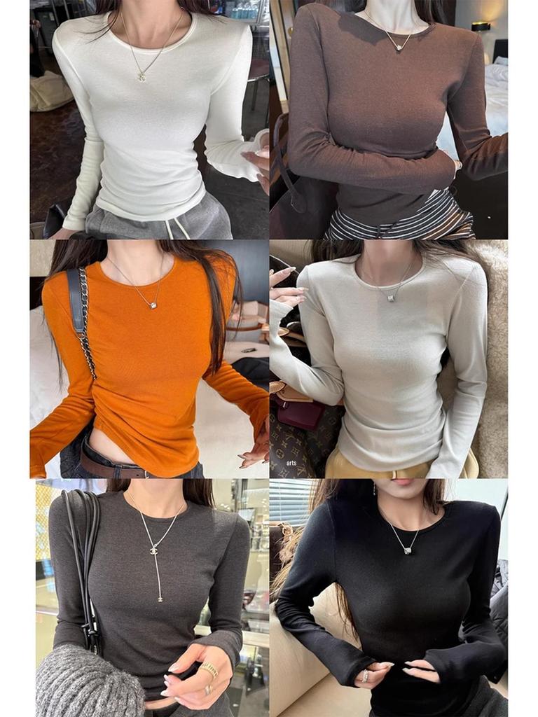 Superniniyy Brushed Long-Sleeve Slim Fit Tee – Stretchy Round Neck Base Layer Top
