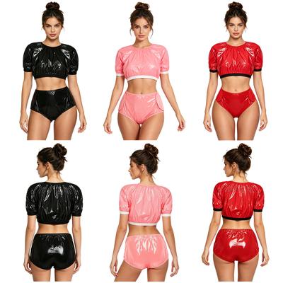 Ladies Waterproof Vinyl Swim Set S-3XL Crop Top Short Sleeve and Diaper Shorts with Adjustable Hook and Loop Sides for Incontinence Care
