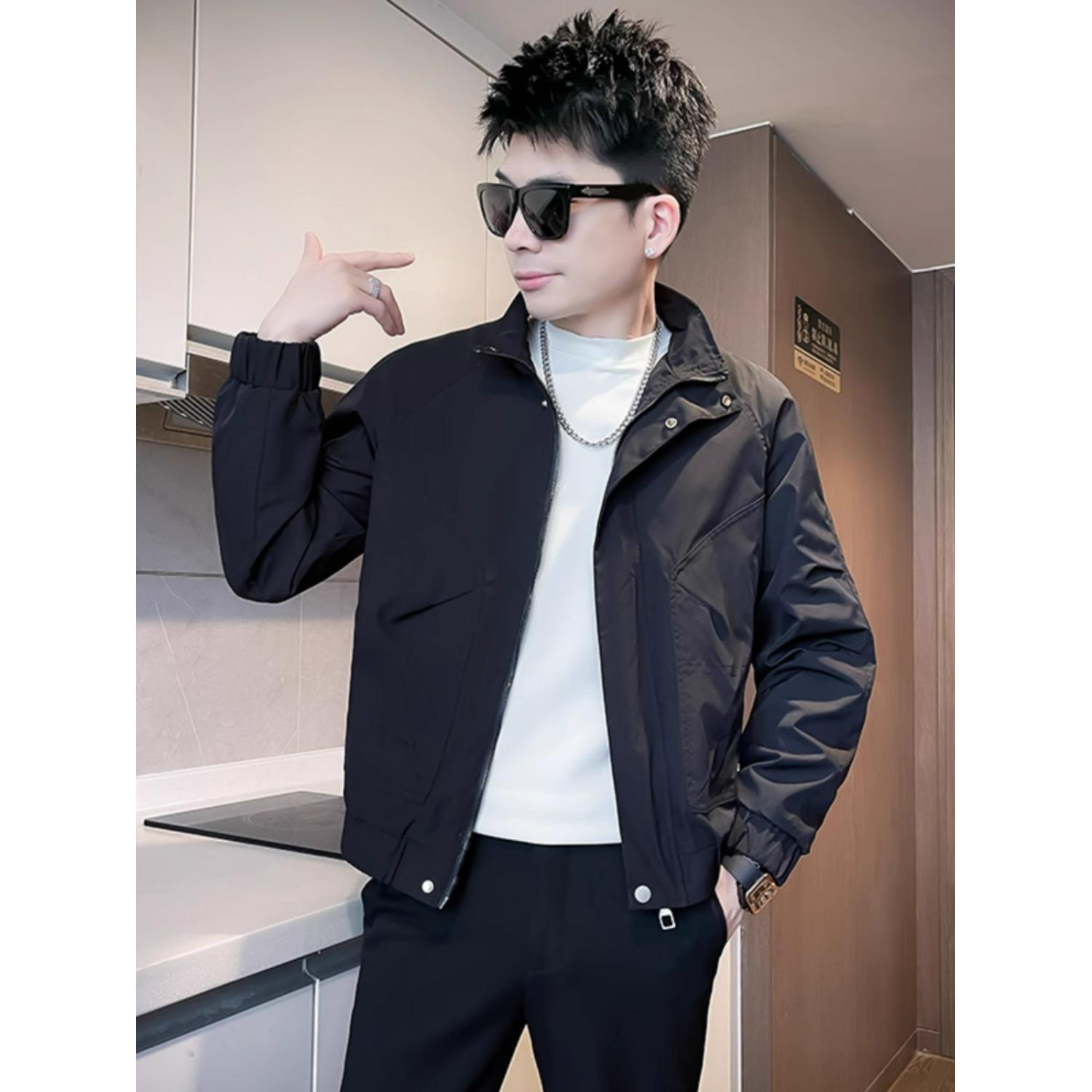 Men s Spring 2025 Stand Collar Casual Solid Color Jacket L