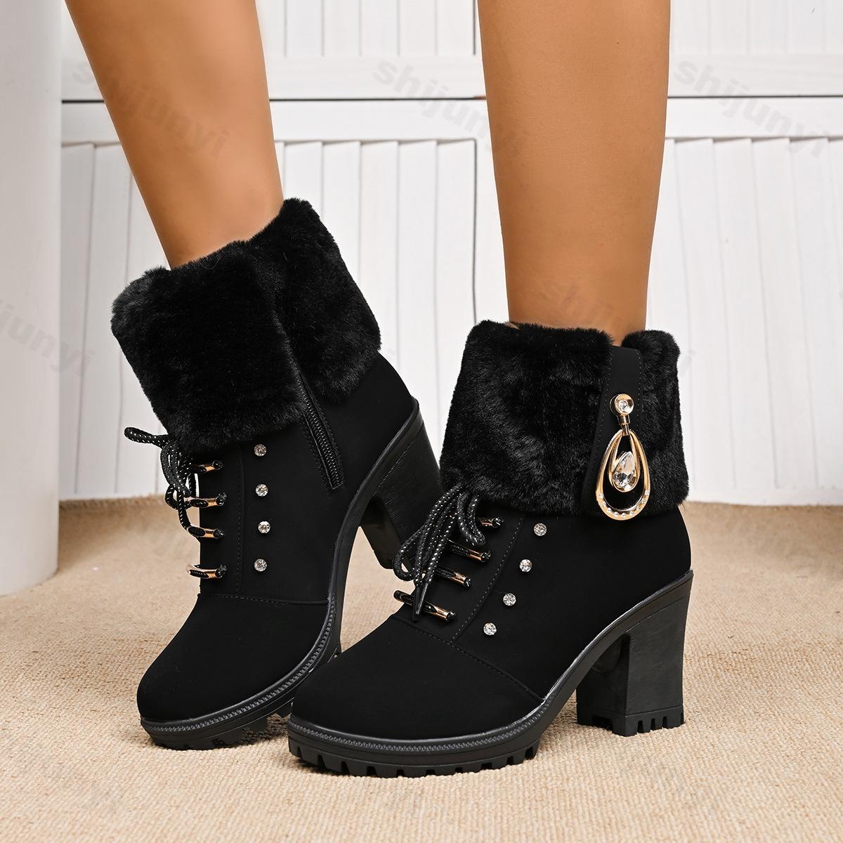 

Autumn Retro Plush Design Warm Casual Ankle Boots for Women Comfortable Versatile Lace Up Coarse Heel Short Tube Boots 35