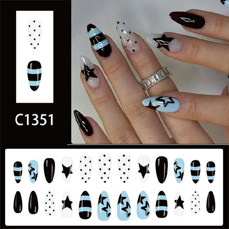 24Pcs Light Blue Star Polkas Dot Glossy Fake Nail Medium Almond Shape Press On Nail With Design Safe Material For DIY Manicure