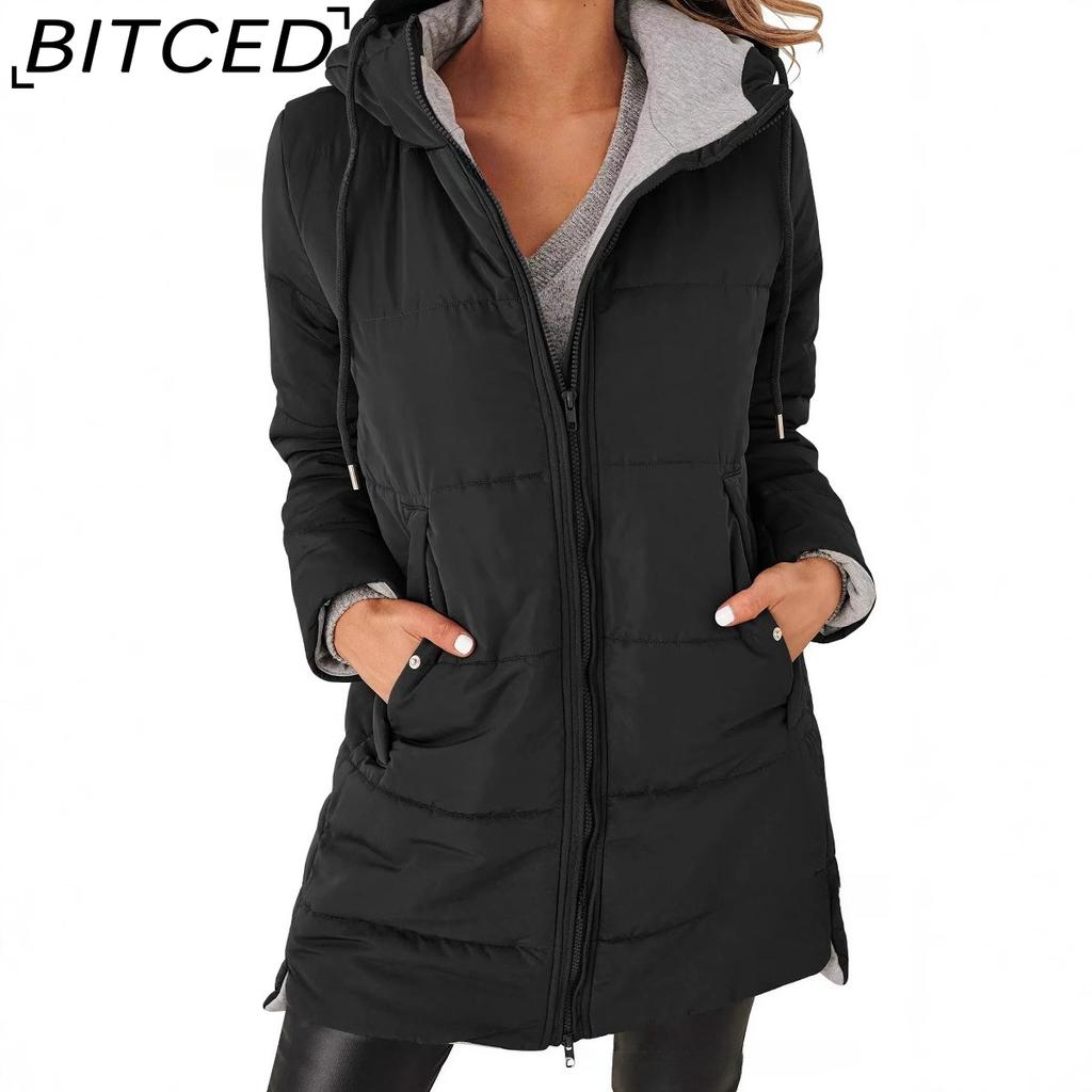 BITCED Autumn/Winter Hooded Solid-Colour Cotton Coat Long-Sleeved Slim-Fit Pocketed Longline Jacket
