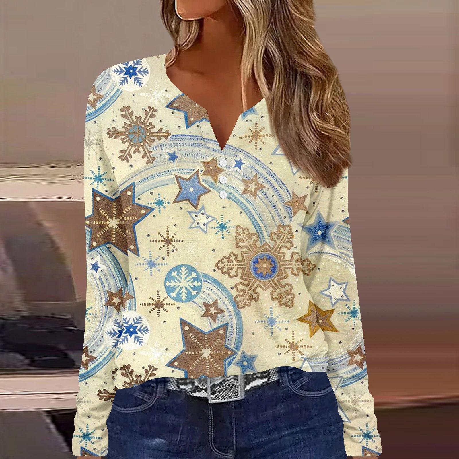 Женская мода повседневная цветочная рождественская печать V-образный вырез с длинными — фото 4