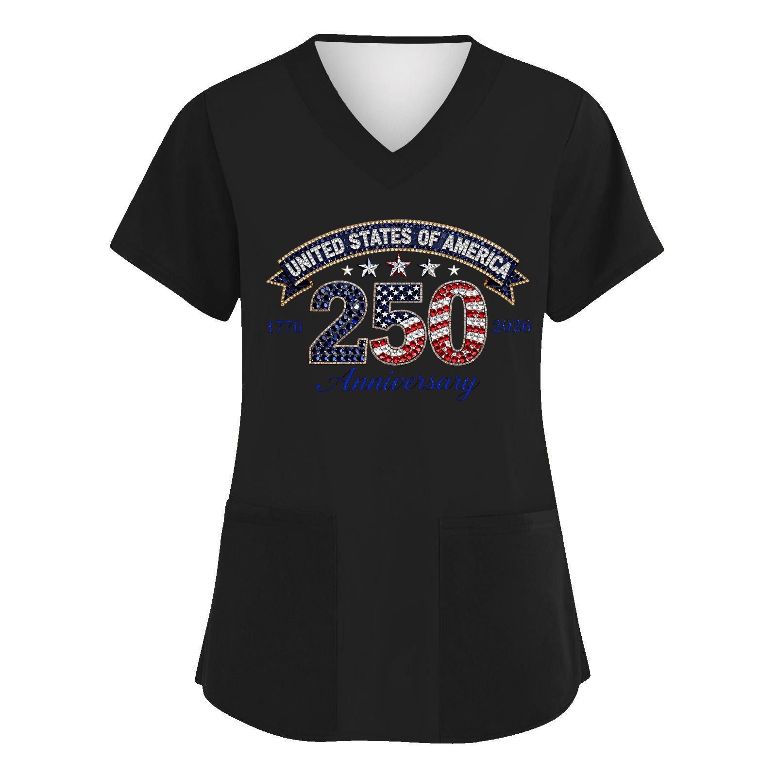 

Womens V Neck Short Sleeve Top 250th Anniversary 1776 to 2026 States of America Print Shirt with Pockets L чёрный