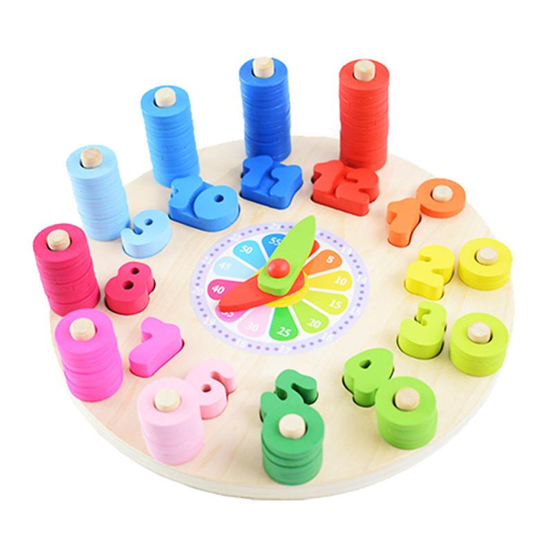

Wooden Children Educational Clock Montessori Ring Stacking Numbers Colours Toy
