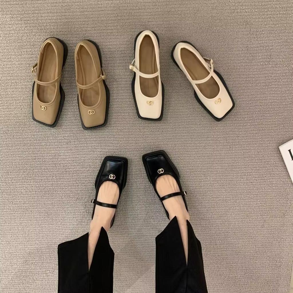One-word buckle with Mary Jane single shoes children's French style spring and summer 2025 new square head shoes laden shoes flat-soled small leather