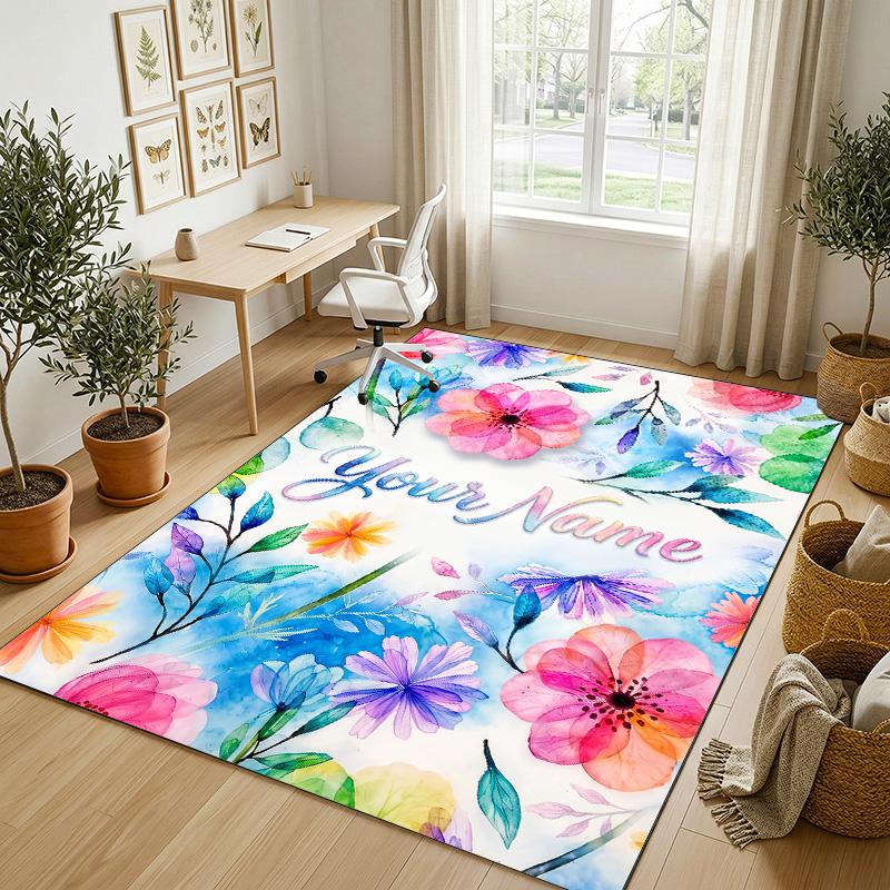 Floral Garden Theme Crystal Velvet Rug Personalized Custom Name Text Soft Floor Mat Home Decor