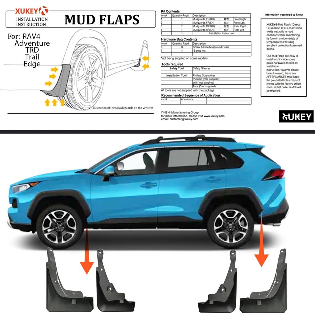 XUKEY Mud Flaps for Toyota Rav4 ABS Fender Front and Set Mudguards, 2019-2025 Models, Material, Protection, Black, Rear, 4PCS/1