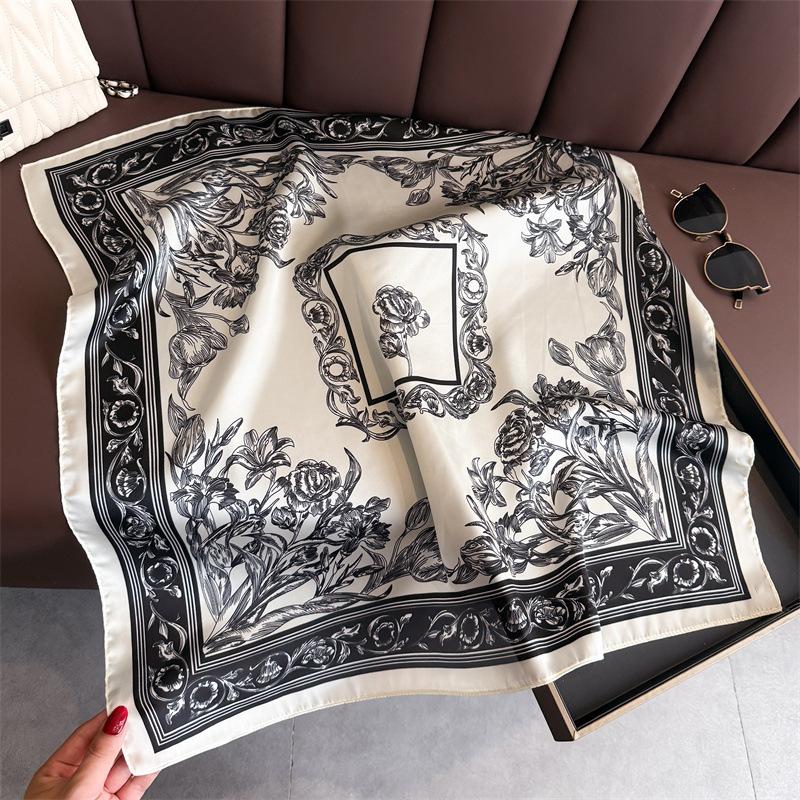 Elegant Retro Floral Print Silk Scarf Square Scarf Premium Shawl Sunscreen Neck Small Square Scarf Headscarf Women's Scarf