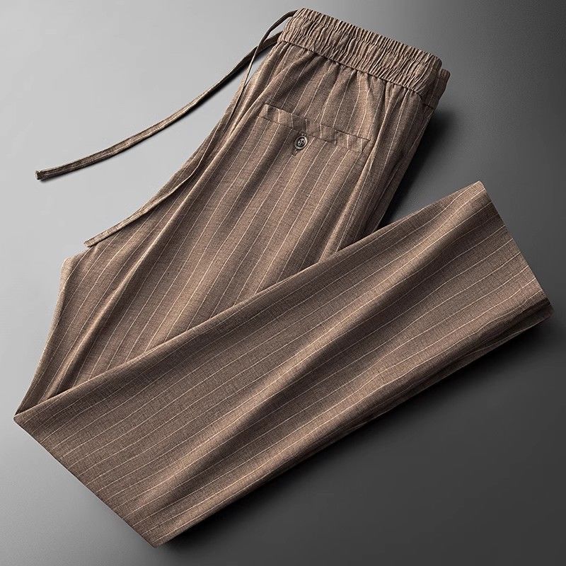 Letnie Cienkie Spodnie Sportowe w Pionowe Paski Spodnie z Prostą Nogawką Męskie Spodnie Codzienne ze Sznurkiem Spodnie Codzienne Wielofunkcyjne