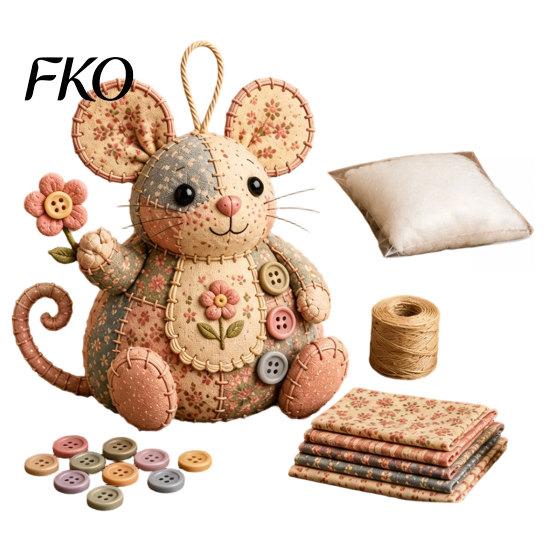 Mouse Plush Toy DIY Patchwork Sewing Kit, Handmade Craft Set with Floral Fabric, Stuffing & Stuffed Animal Kit Buttons, Cute Ornament for Beginners