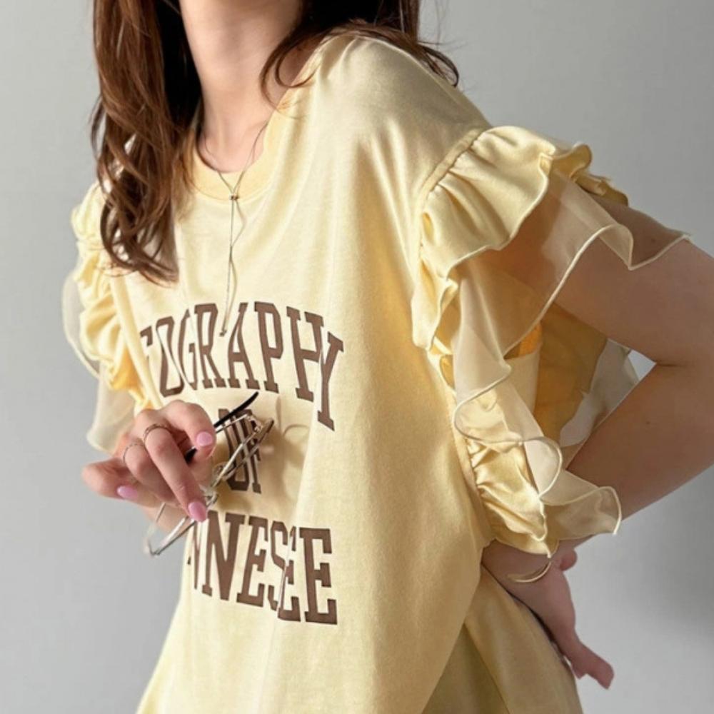 

Новая стильная и универсальная летняя футболка с коротким рукавом и принтом в виде букв и оборчатой отделкой для женщин XL жёлтый