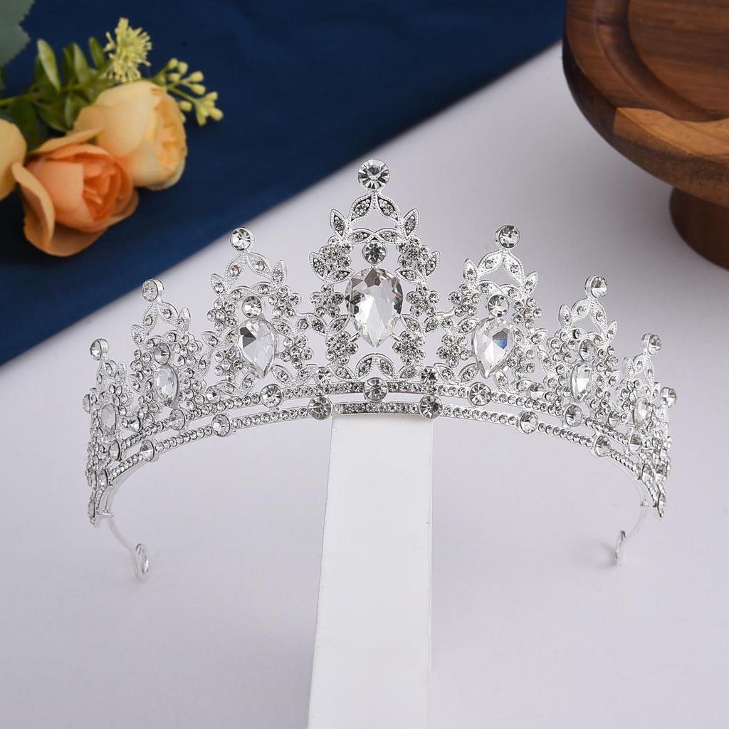 Elegant Blue Diamond Princess Crown Rhinestone Headband – Korean Style Crystal Wedding Accessory
