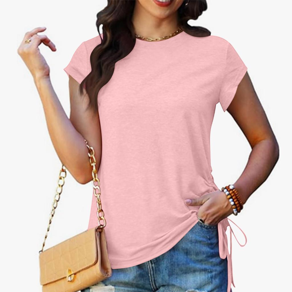 Womens Spring Tops Ruched Side Casual T Shirts for Women Short Sleeve Summer Shirts for Women Basic Crew Neck