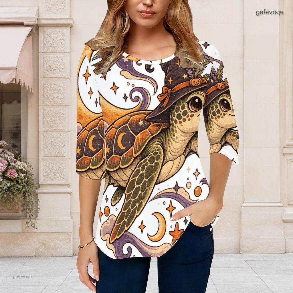 Women Plus Size Round Neck 3 4 Sleeve Printed T Shirt Black Cartoon Stationery Curved Hem