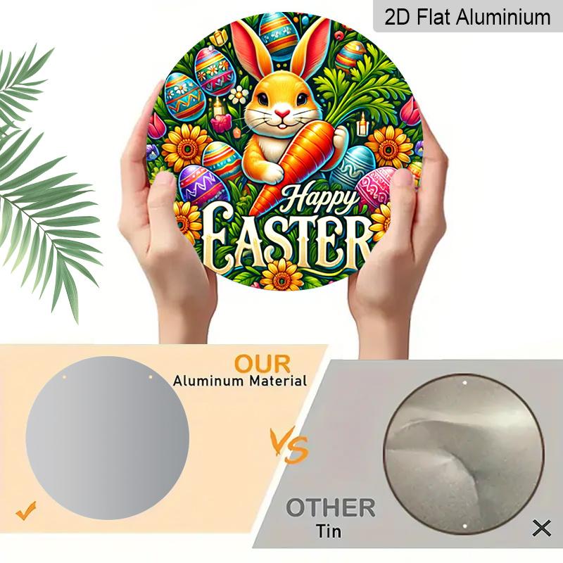 2D Flat 1pc Vintage Easter Bunny Metal Sign, Round Aluminium Door Mount Decor, 8x8 in, Farmhouse Style Wall Art for Home, Room, Street, Shop, Garage
