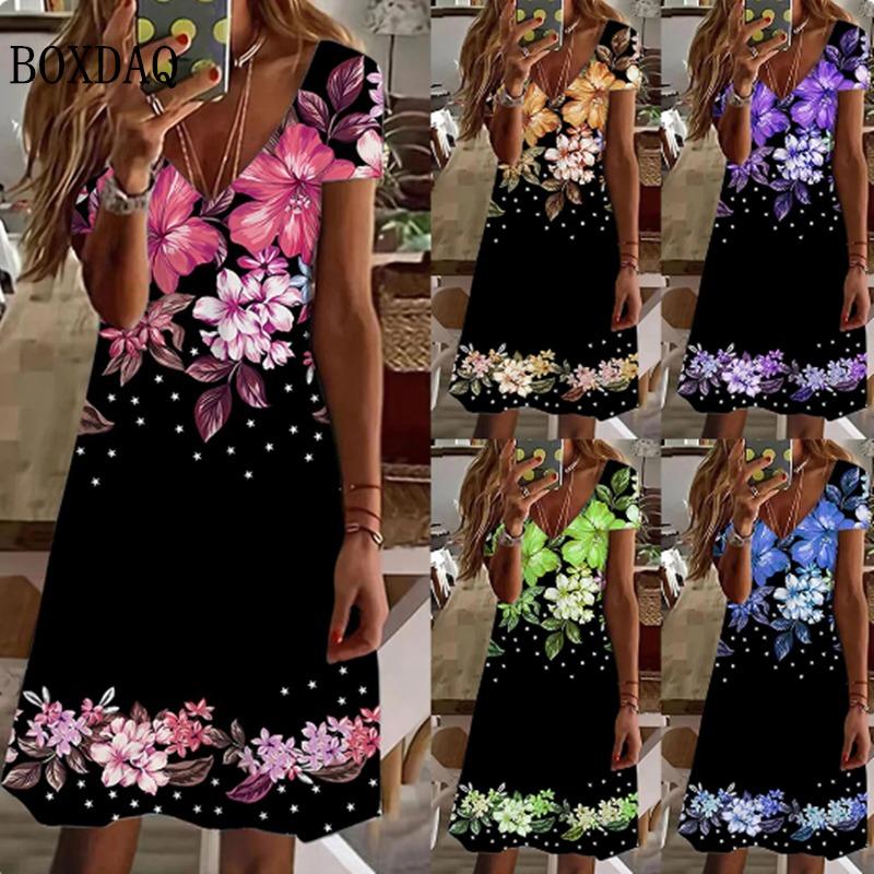 Women's Casual Dress Summer Beach Floral Print V Neck Short Sleeve Dress Fashion Casual Daily Holiday Loose Plus Size Dress