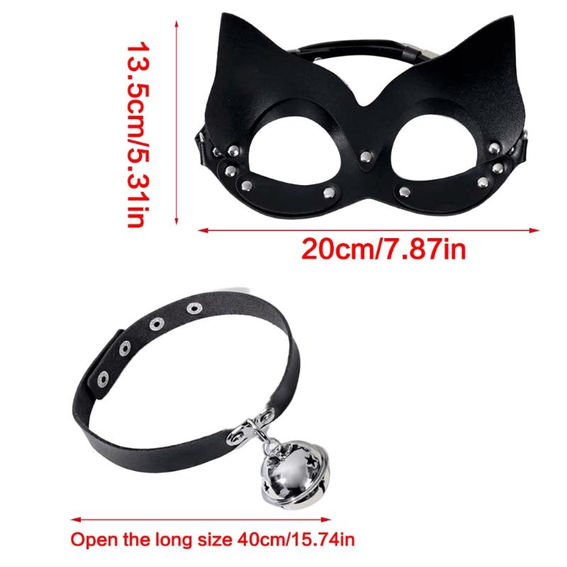 Catgirl Eye Mask With Leather Rivets Choker Catgirl Costume Accessories Half Face Mask For Women Masquerade Halloween